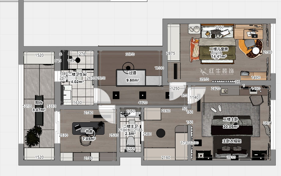吴波｜华府国际43-1-707-148㎡-轻法风格｜复式｜4室2厅3卫｜旧房装修｜定制家｜全包18万｜00_06二楼平面彩图